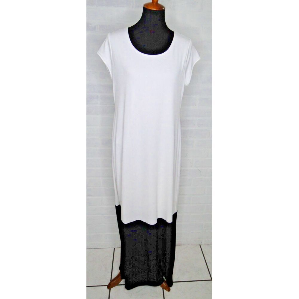 Chico's White Black Slinky Stretch Cap Sleeve Color Block Maxi Dress Size 1 Med8 - Picture 1 of 5